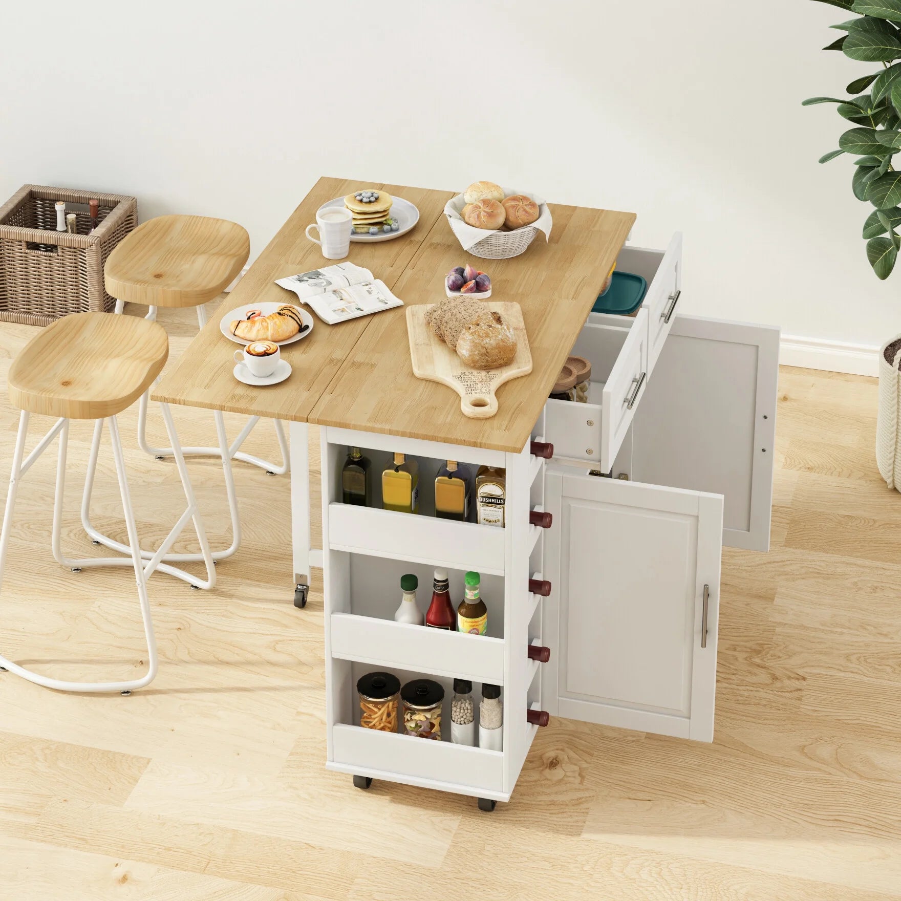 Movable Kitchen Island Cart with 2 Door Cabinet, 2 Drawers and Drop Leaf Top, Island Table with Spice Rack - Product image 4