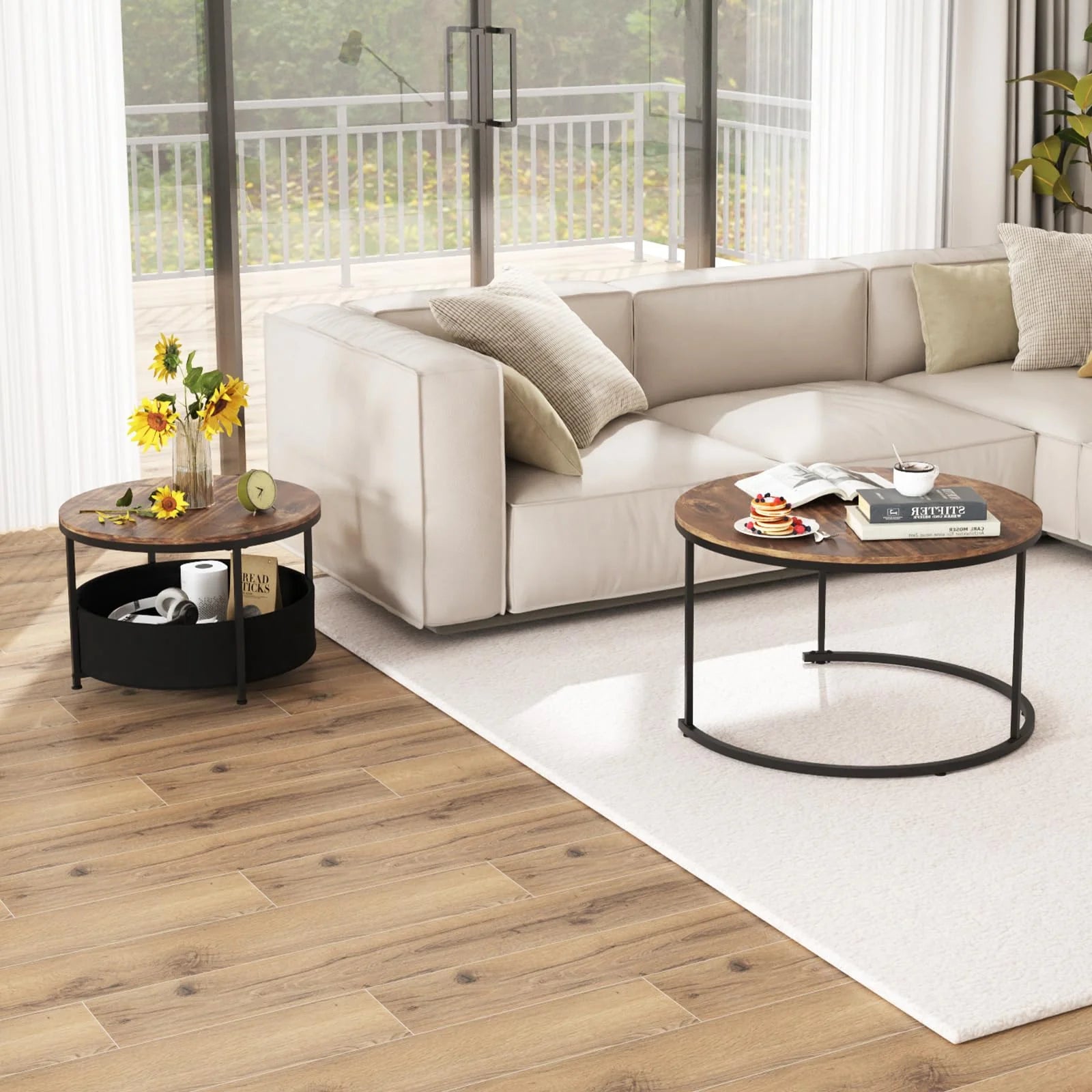 Tangkula Round Nesting Coffee Table Set of 2 with Fabric Storage Basket & Metal Frame - Product image 7