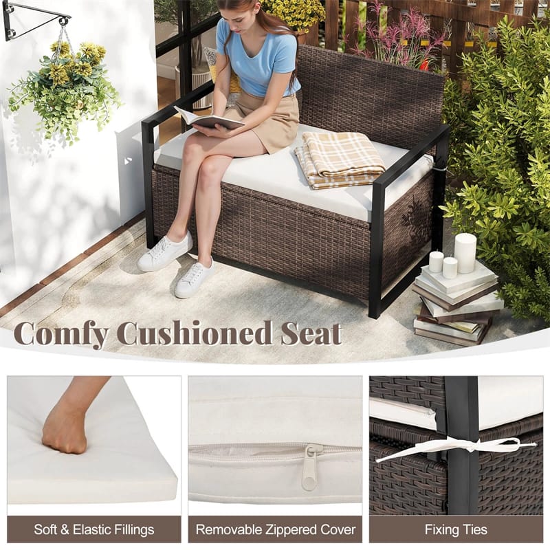 40 Gallon Outdoor Wicker Storage Bench with Cushion & Cover, Metal Frame Patio Deck Box Seat - Product image 9