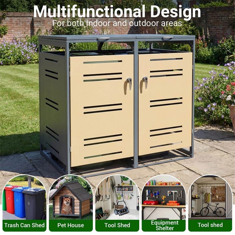 44 Cu.Ft Outdoor Metal Trash Can Storage Shed for 2 Bins, Double Garbage Can Enclosure with Gas Strut - Product image 8