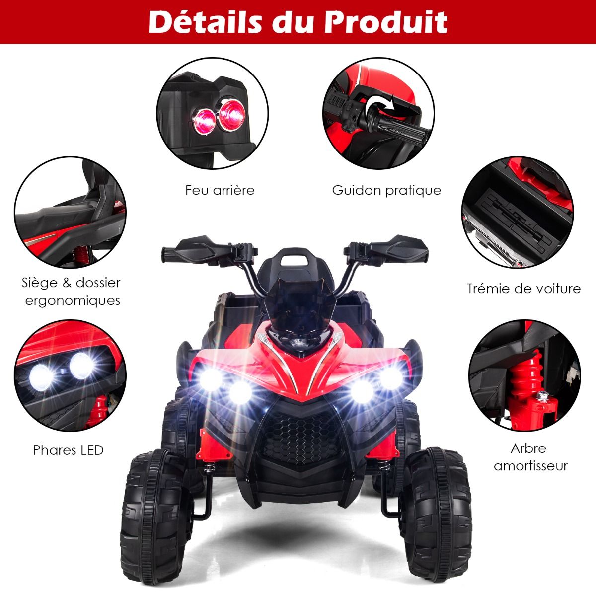 12V Children's Electric Quad with LED Lights and Music Children's Electric Vehicle with Slow Start Load 30kg 129 x 69 x 72 cm Black/Red -