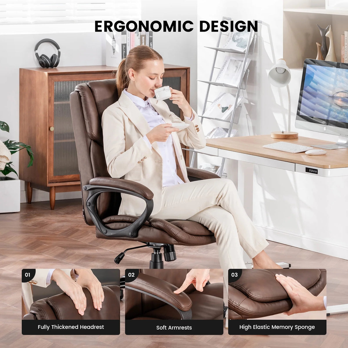 Mainstays Executive Ergonomic High Back Leather Home Office Desk Chair, Black - Product image 19