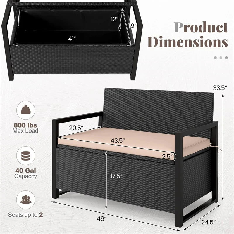 40 Gallon Outdoor Wicker Storage Bench with Cushion & Cover, Metal Frame Patio Deck Box Seat - Product image 16