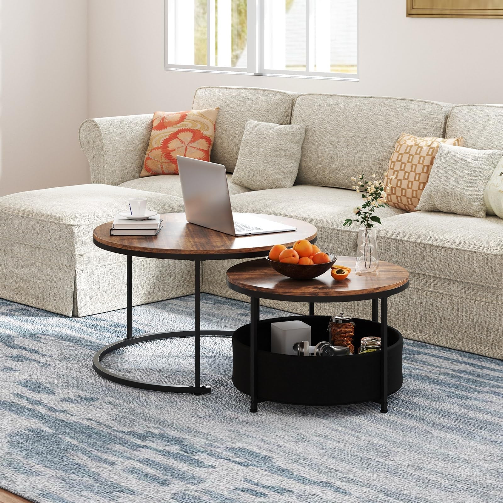 Tangkula Round Nesting Coffee Table Set of 2 with Fabric Storage Basket & Metal Frame - Product image 2