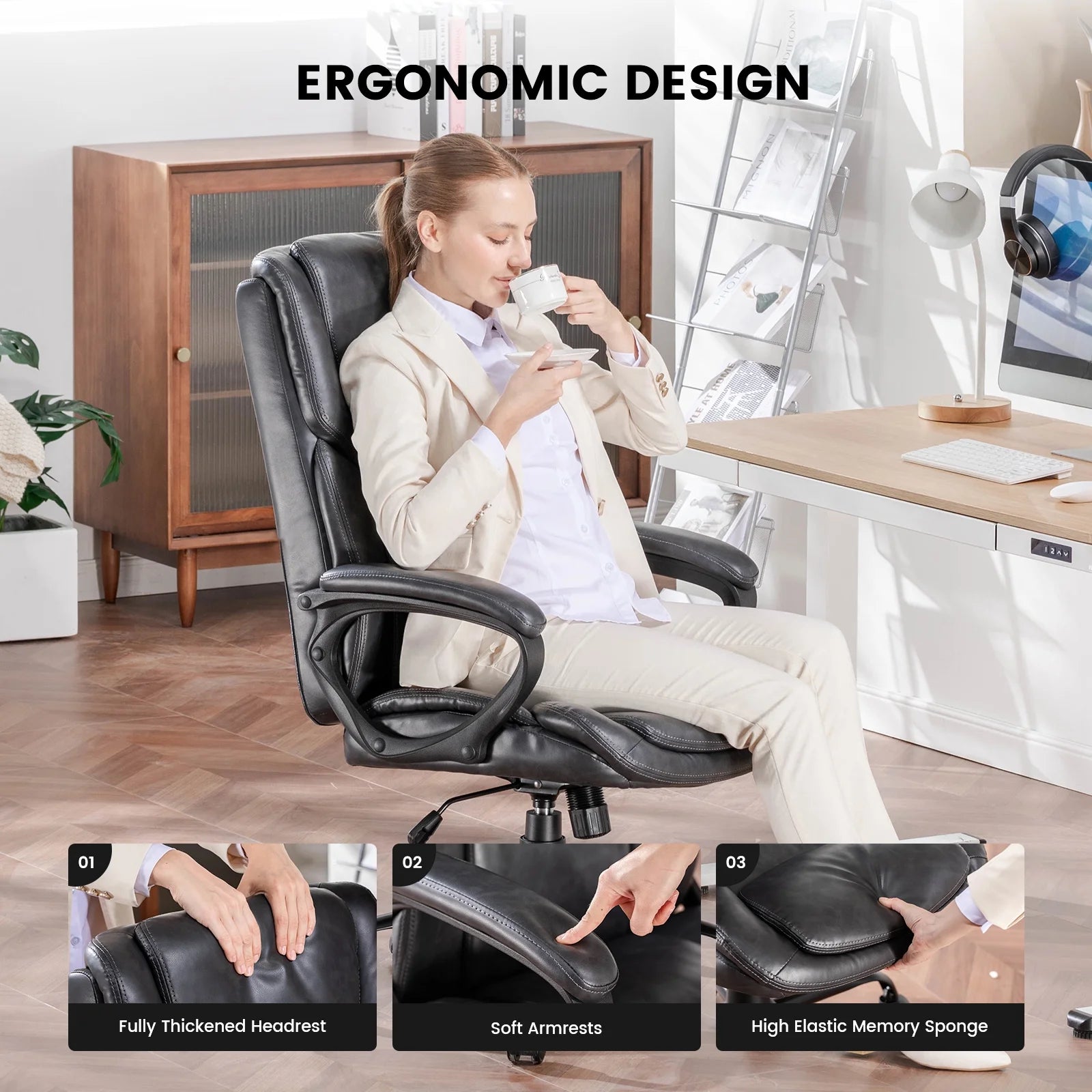Mainstays Executive Ergonomic High Back Leather Home Office Desk Chair, Black - Product image 31