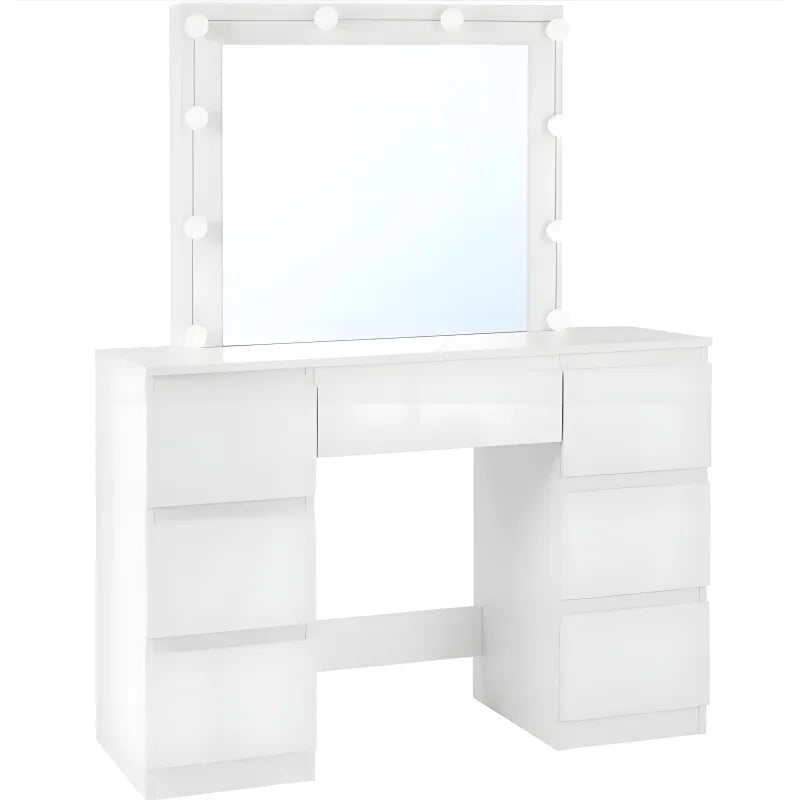 White Dressing Table with LED Mirror - 7 Drawers