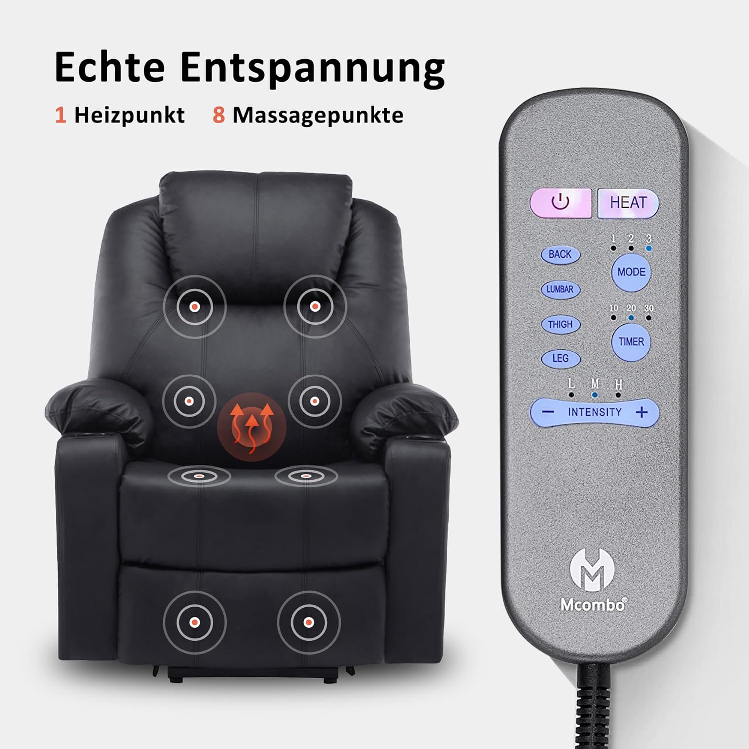 MCombo electric tie-down aid, TV armchair, Relaxing armchair, Massage, Heating, Electrically adjustable USB connection, Faux leather, Black