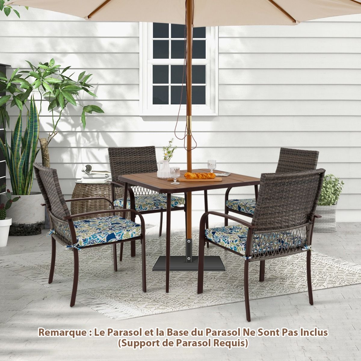 5 Piece Patio Furniture Set Garden Furniture 4 Rattan Armchairs with Cushions and Square Table with Umbrella Hole -