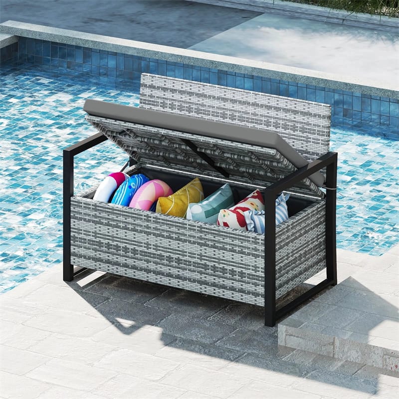 40 Gallon Outdoor Wicker Storage Bench with Cushion & Cover, Metal Frame Patio Deck Box Seat - Product image 30