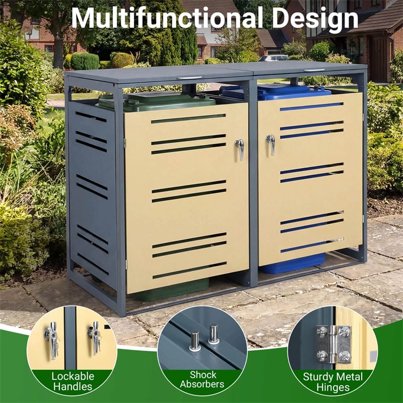 44 Cu.Ft Outdoor Metal Trash Can Storage Shed for 2 Bins, Double Garbage Can Enclosure with Gas Strut - Product image 9