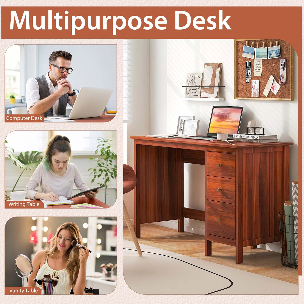 Computer Desk Study Writing Desk Home Office Workstation with 3 Drawers Black - Product image 21
