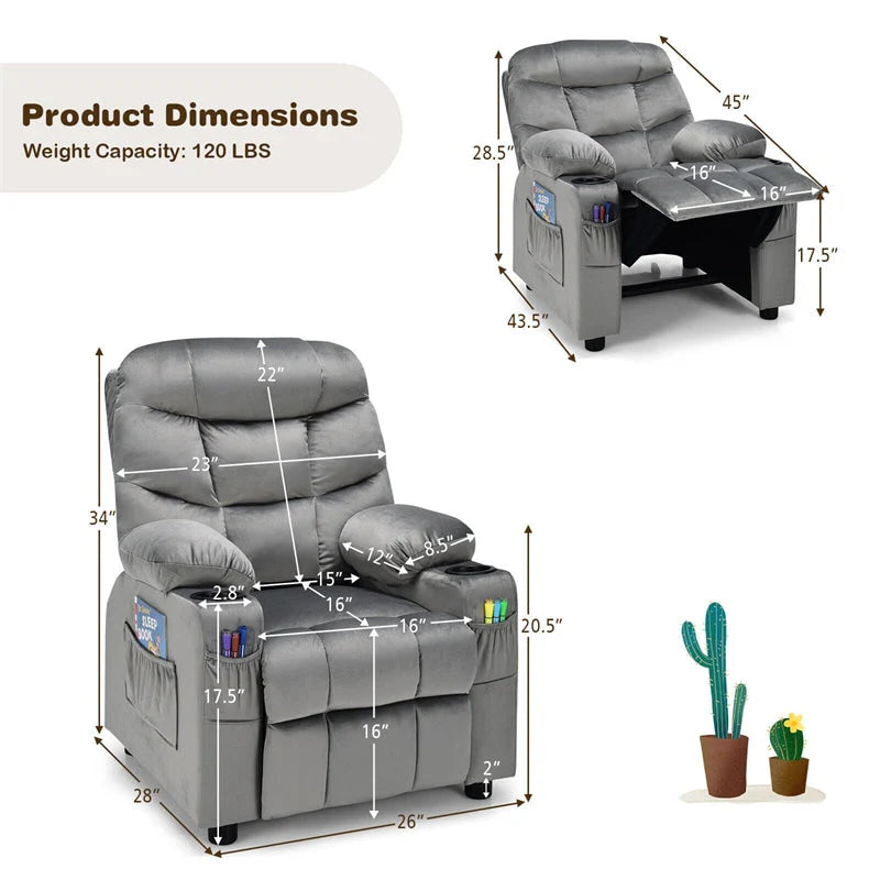 Kids Recliner Chair Adjustable Velvet Lounge Sofa with Cup Holders, 3 Pockets, Retractable Footrest - Product image 17