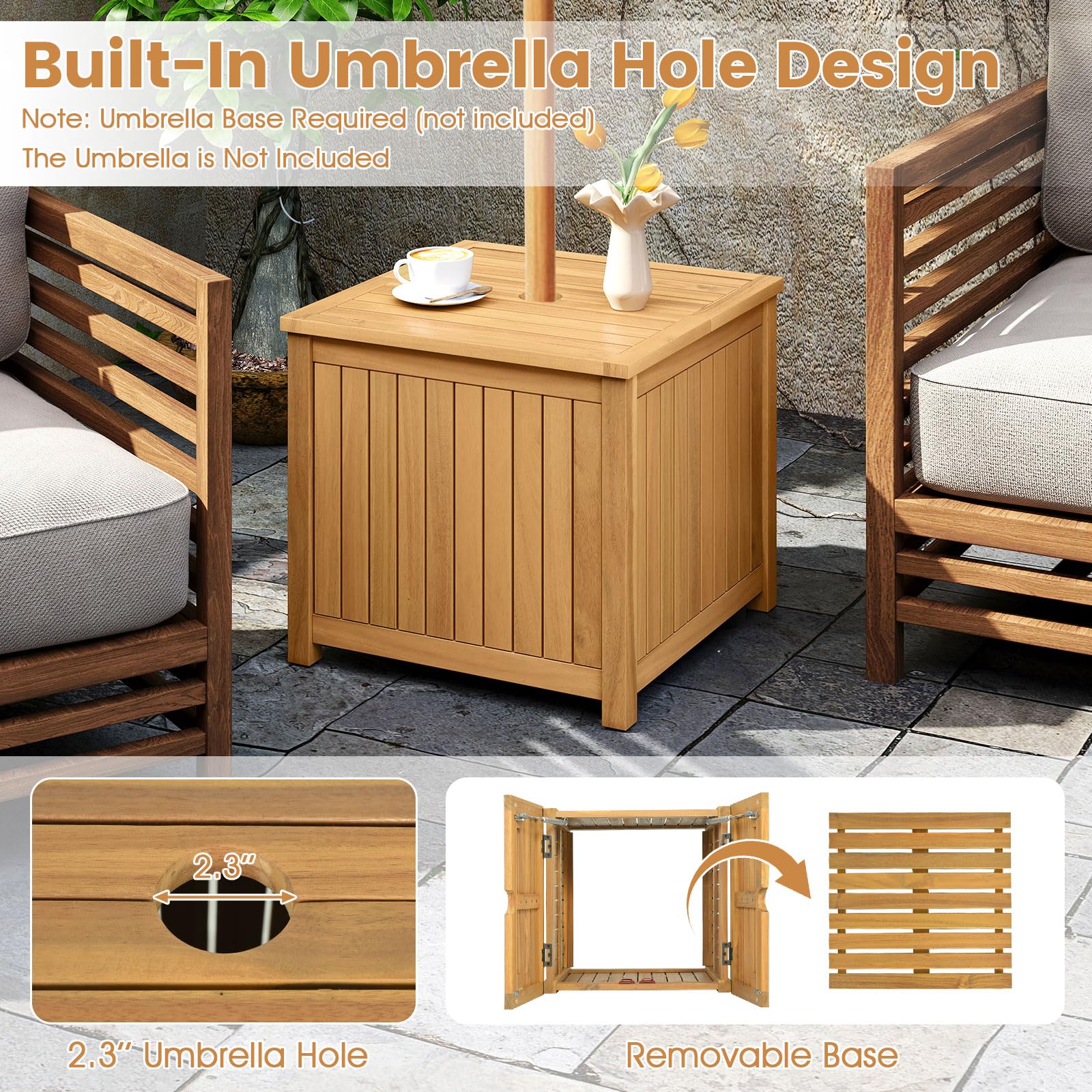 Tangkula 2-in-1 Outdoor Side Table with Storage Acacia Wood Slatted Coffee Table Square Slatted End Storage Box
