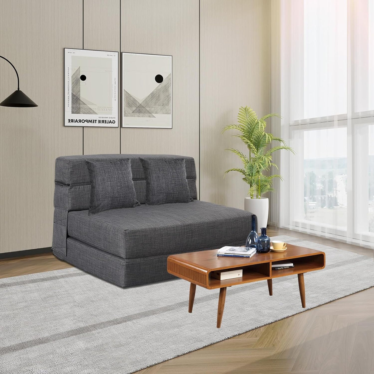 ANONER 2 Seater Convertible Sofa 150cm Wide, Foldable Memory Foam Sofa & 2 Pillows, Folding Floor Bed for Bedroom Living Room, Dark Gray