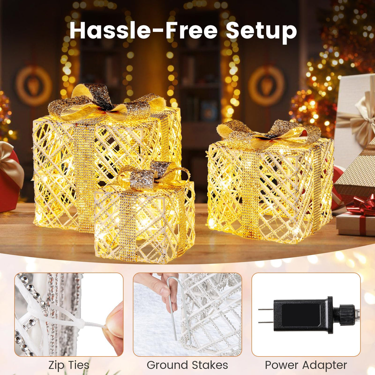 Tangkukla 3 Pack Christmas Lighted Gift Box, Pre-Lit Festive Boxes w/ 50 LED Lights - Product image 5