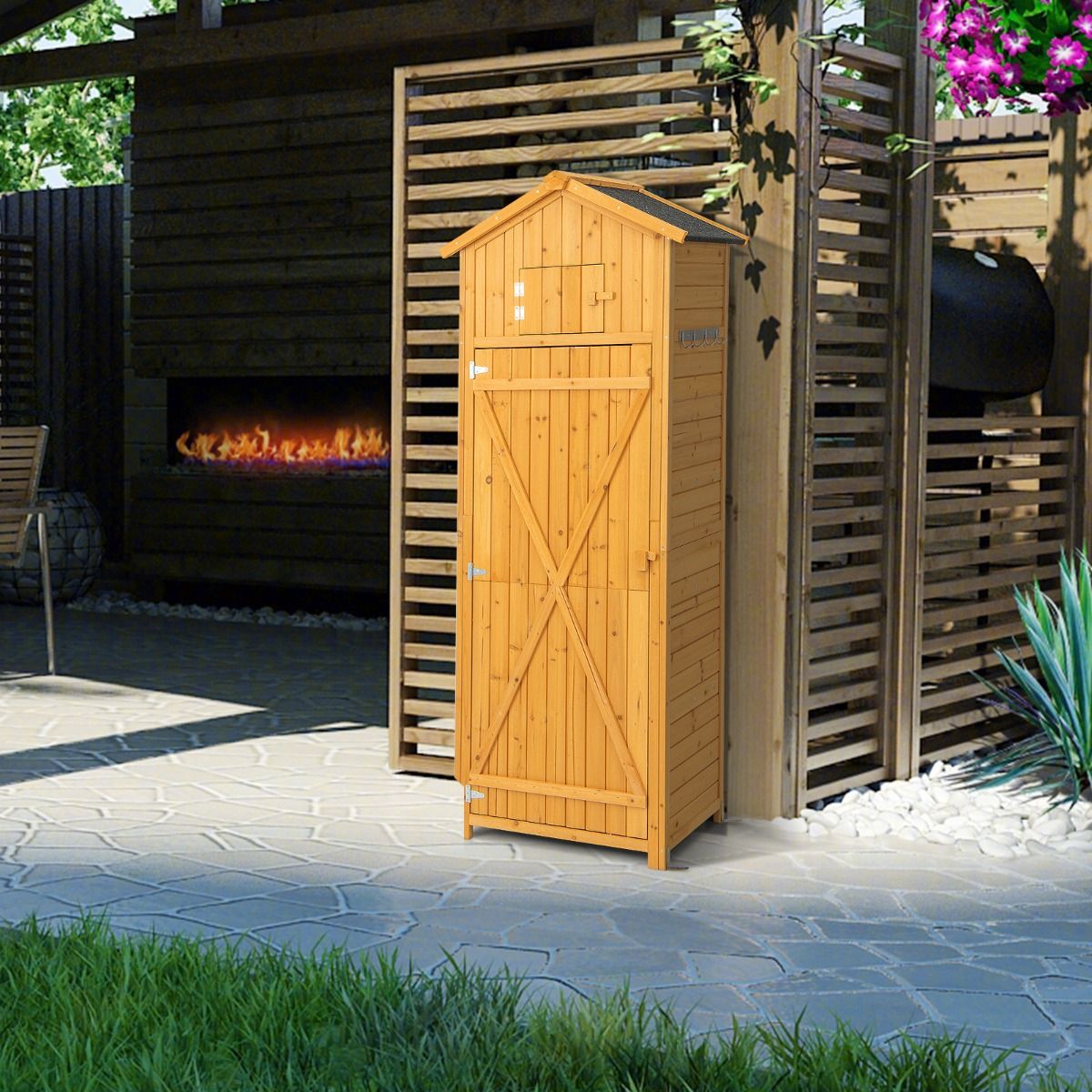 Waterproof Wooden Garden Cabinet with Roof Garden Shed with Foldable Table Shelves and 8 Hooks 75x50x180.5CM -