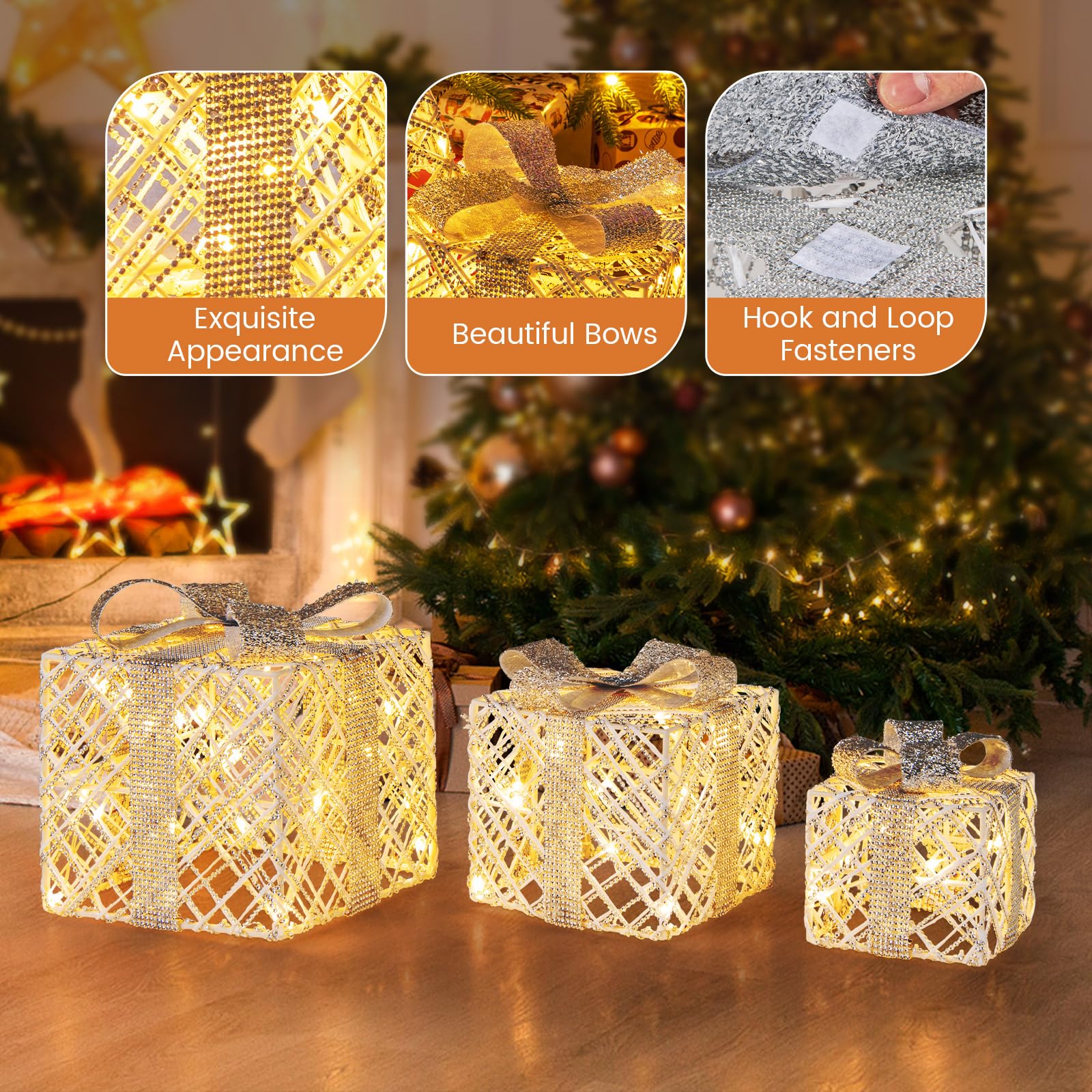 Tangkukla 3 Pack Christmas Lighted Gift Box, Pre-Lit Festive Boxes w/ 50 LED Lights - Product image 6