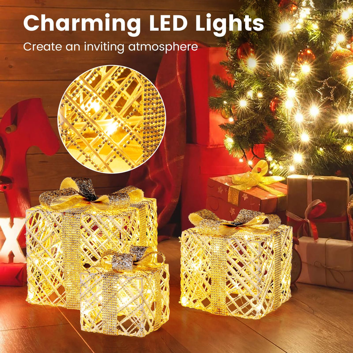 Tangkukla 3 Pack Christmas Lighted Gift Box, Pre-Lit Festive Boxes w/ 50 LED Lights - Product image 4