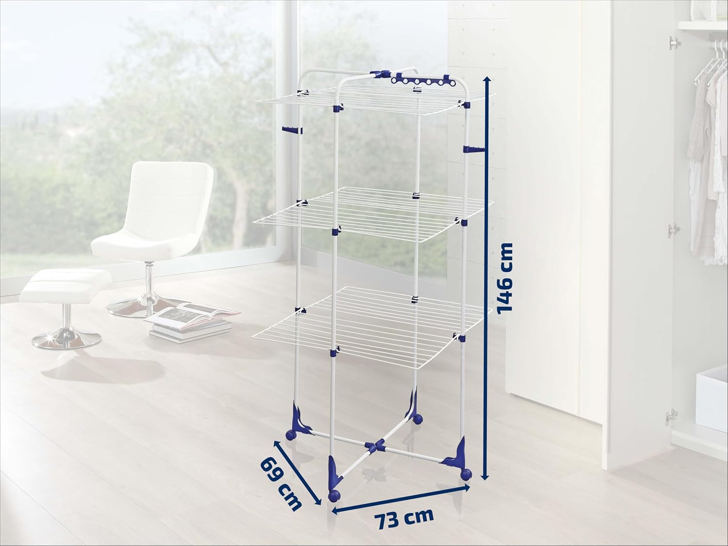 Leifheit Drying Tower Classic Tower 340, 3-Tier Folding Clothes Drying Rack, 34 m Tower Clothes Dryer with Folding Frames & 360° Casters