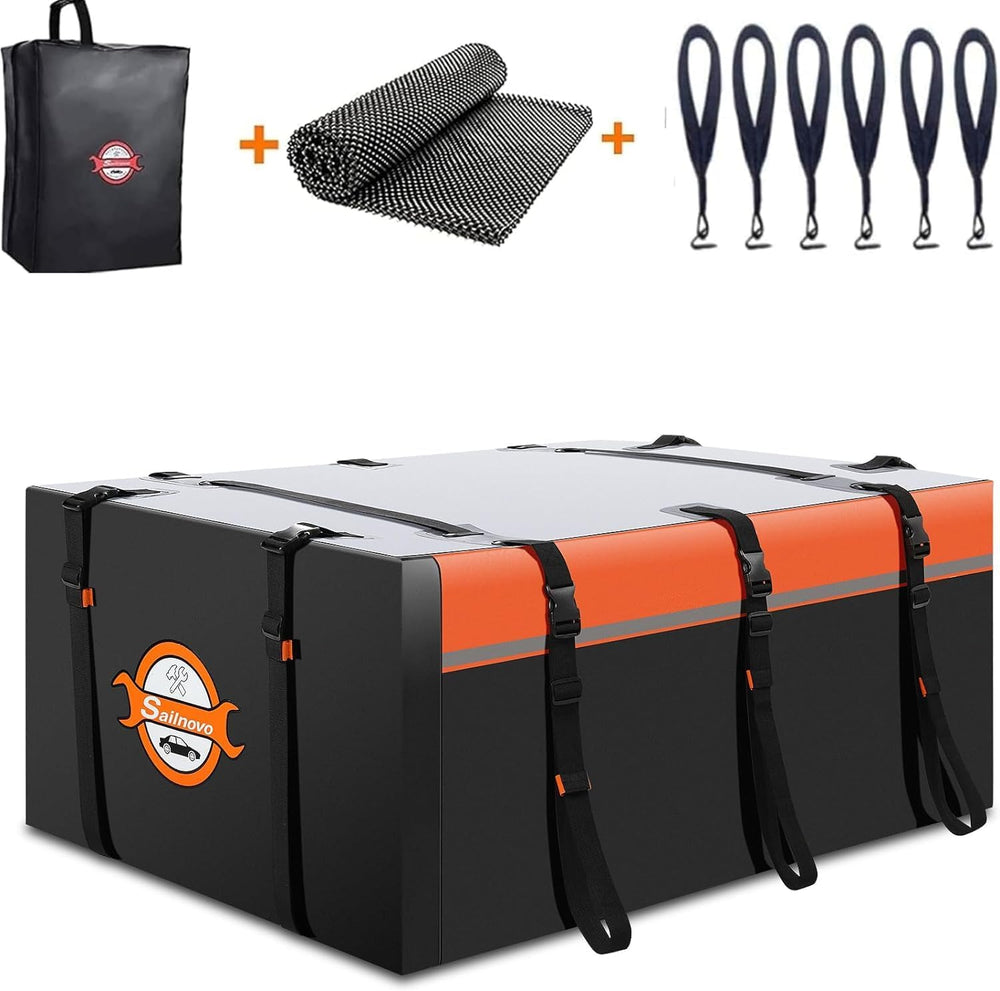 Sailnovo 0.6m3 Soft Roof Box with Anti-Slip Mat + 6 Door Hooks, Waterproof PVC Car Roof Bag with/without Luggage Rack, Black