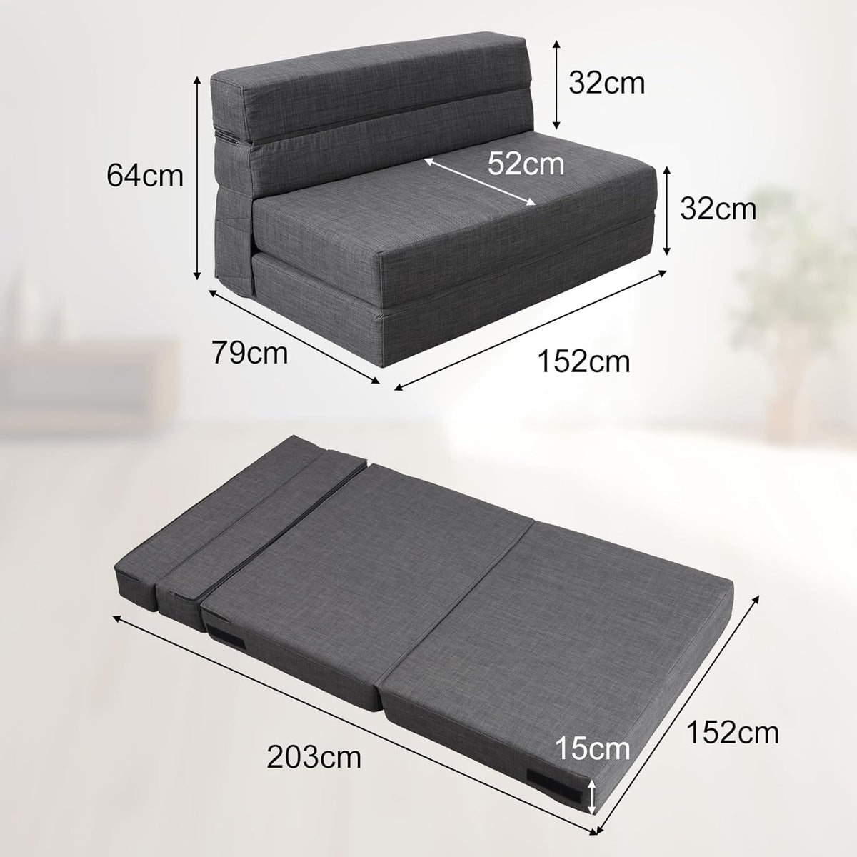 ANONER 2 Seater Convertible Sofa 150cm Wide, Foldable Memory Foam Sofa & 2 Pillows, Folding Floor Bed for Bedroom Living Room, Dark Gray