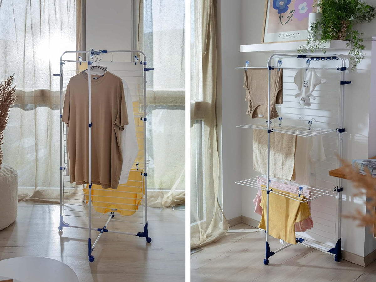 Leifheit Drying Tower Classic Tower 340, 3-Tier Folding Clothes Drying Rack, 34 m Tower Clothes Dryer with Folding Frames & 360° Casters