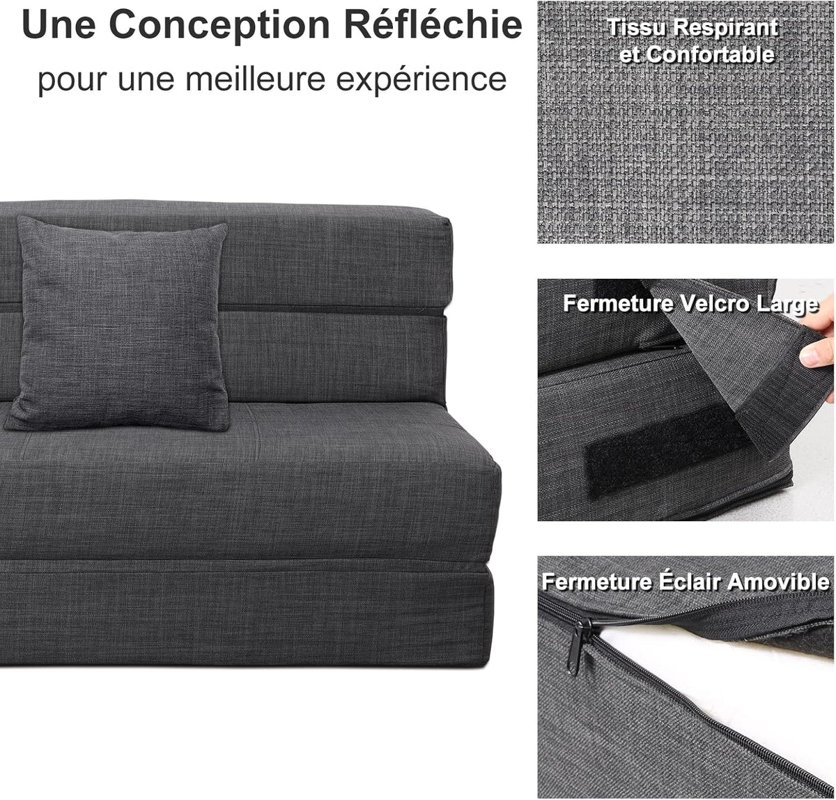 ANONER 2 Seater Convertible Sofa 150cm Wide, Foldable Memory Foam Sofa & 2 Pillows, Folding Floor Bed for Bedroom Living Room, Dark Gray