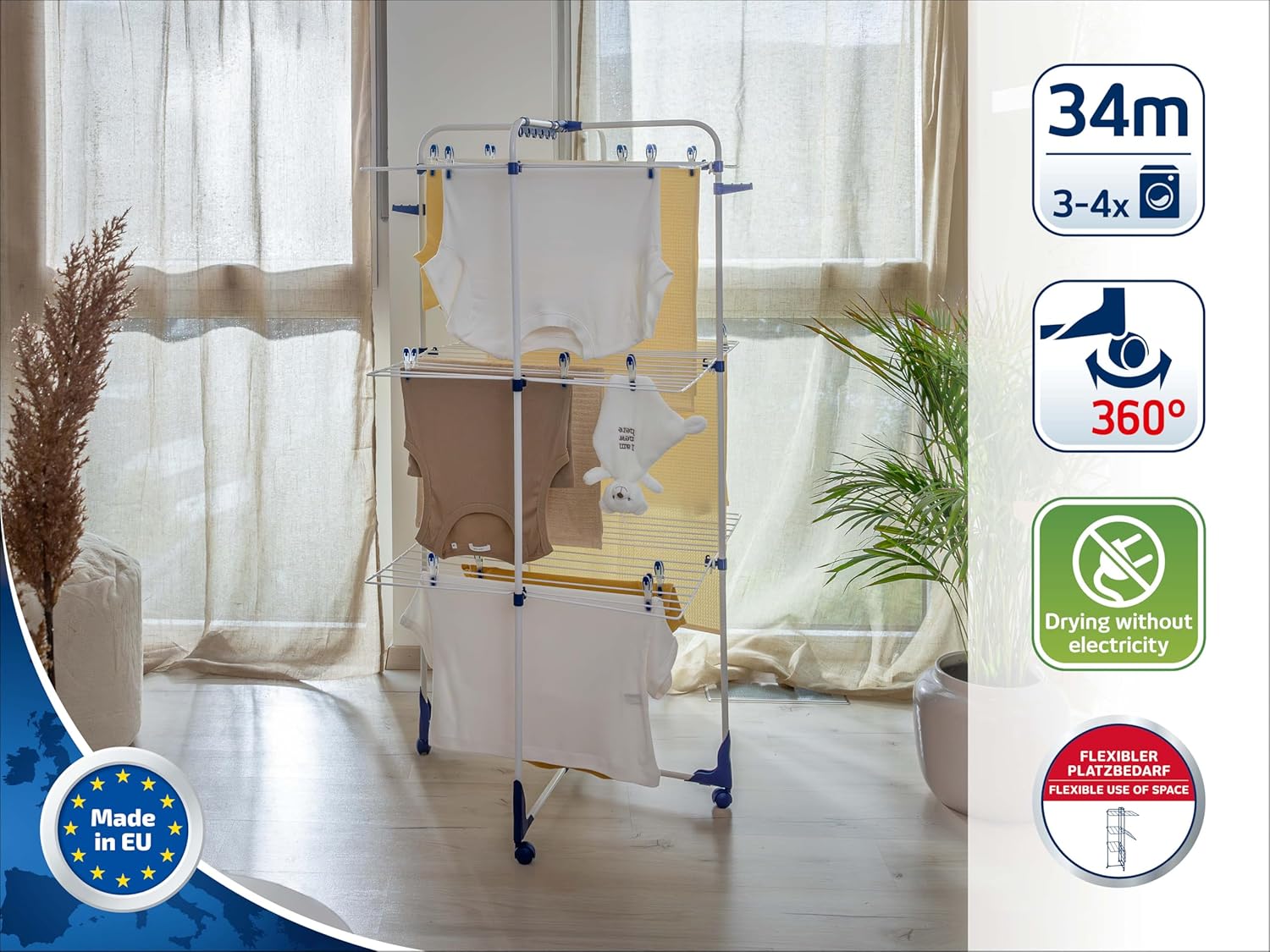 Leifheit Drying Tower Classic Tower 340, 3-Tier Folding Clothes Drying Rack, 34 m Tower Clothes Dryer with Folding Frames & 360° Casters