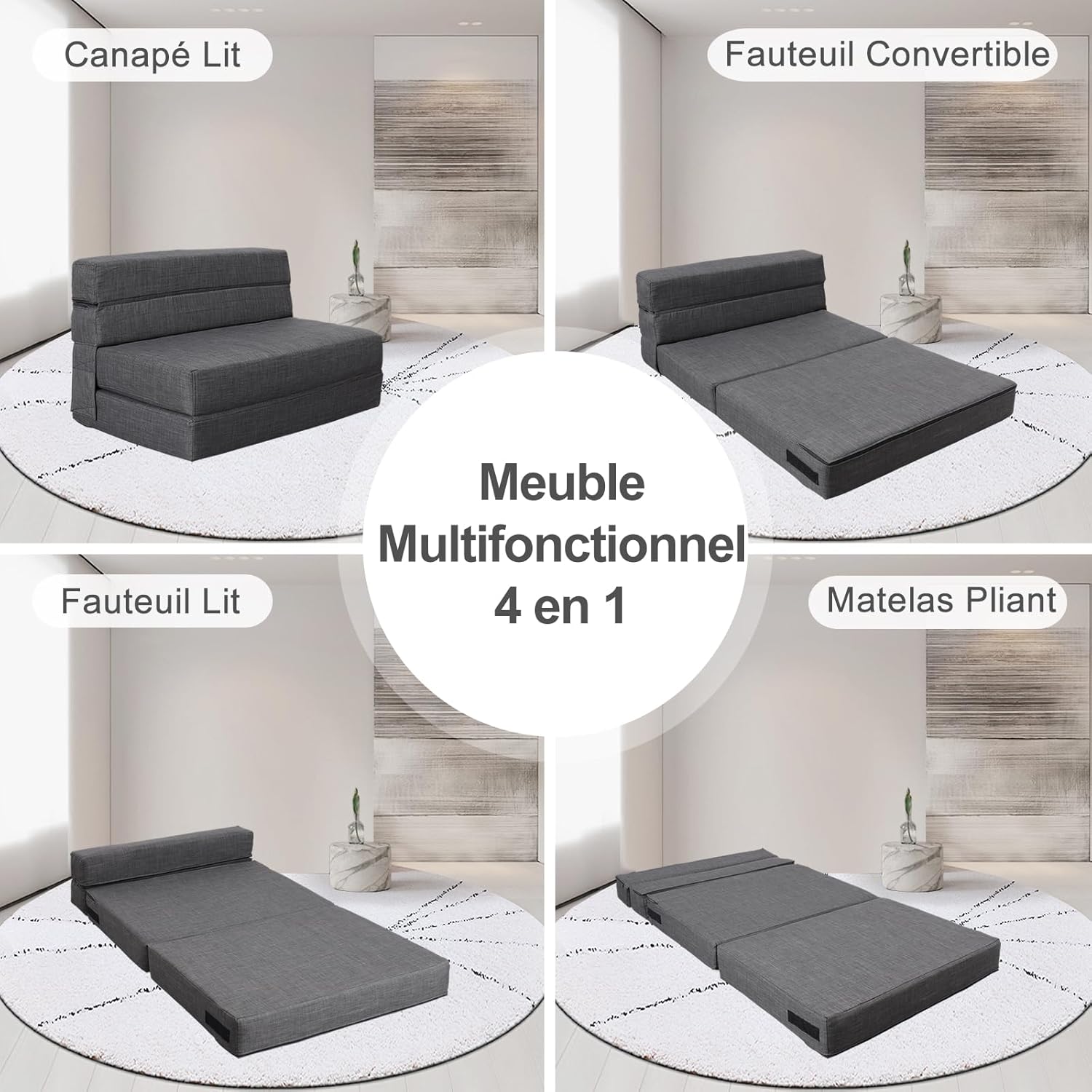 ANONER 2 Seater Convertible Sofa 150cm Wide, Foldable Memory Foam Sofa & 2 Pillows, Folding Floor Bed for Bedroom Living Room, Dark Gray