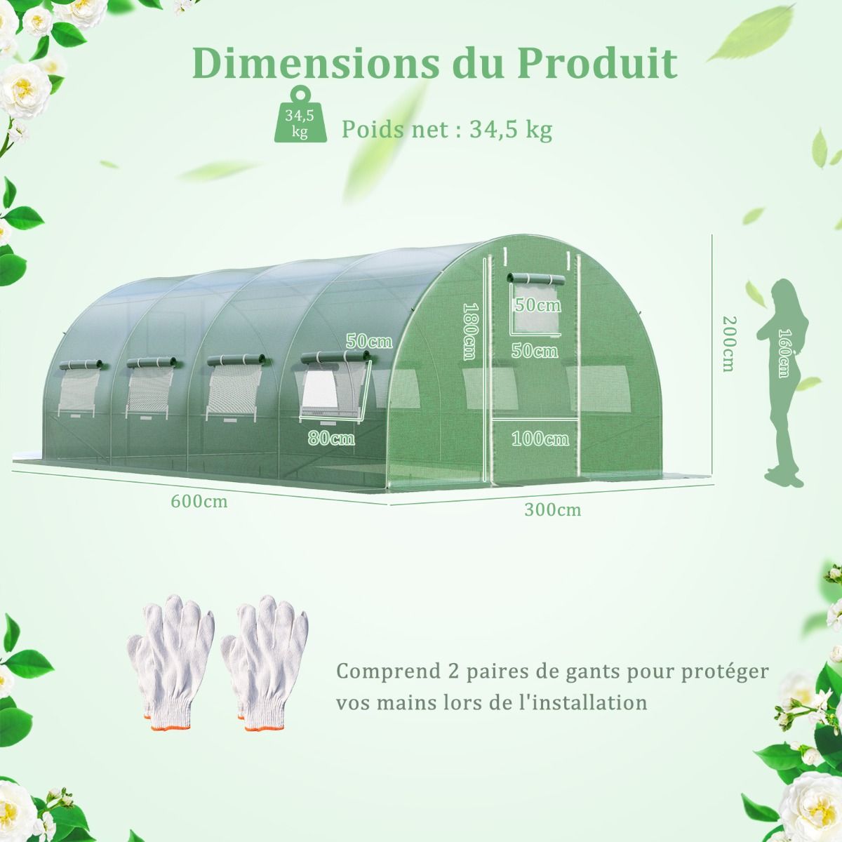 Tunnel Greenhouse Heavy Duty Galvanized Steel Frame Windproof Tunnel Greenhouse with Hoop 8 Roll Up Windows Green -