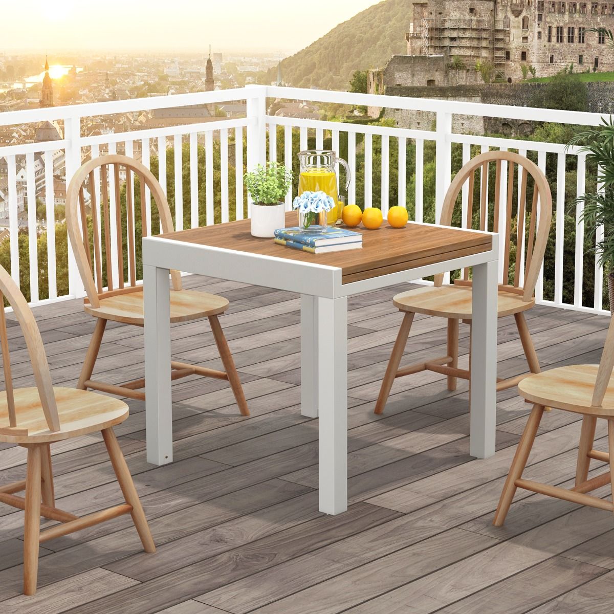 Extendable Aluminum Garden Table Adjustable from 80 to 160 CM Rectangular Dining Table for 4-6 People Grey/Natural -