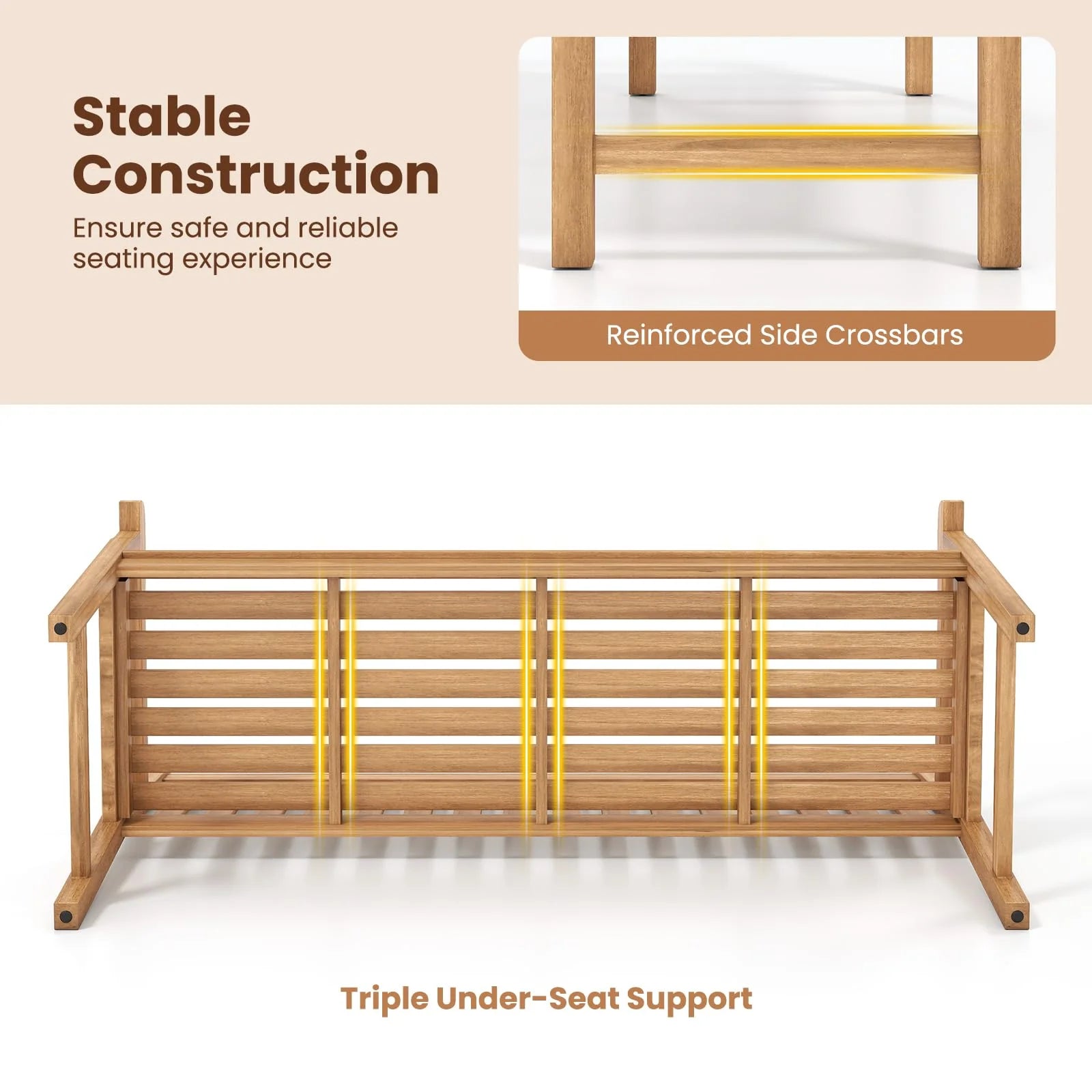 Tangkula 62" Teak Wood Outdoor Bench 3-Seat Solid Wood Garden Patio Bench - Product image 5