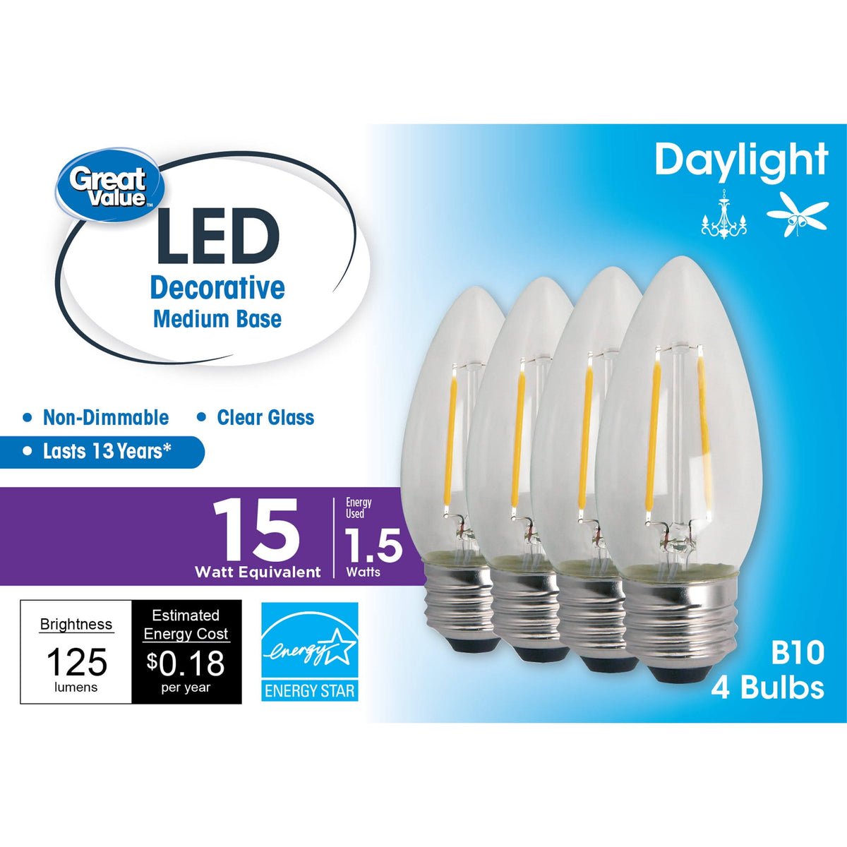 Great Value LED Light Bulb, 1.5W Equivalent) B10 Deco Lamp E26 Medium Base, Non-Dimmable, Daylight, 4-Pack - Product image 1