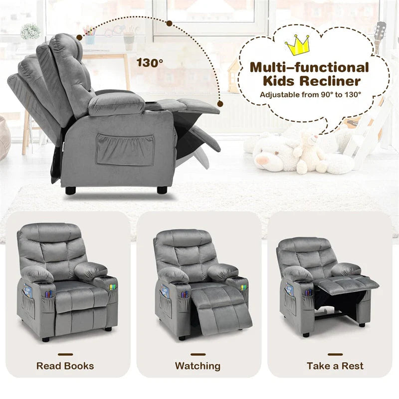 Kids Recliner Chair Adjustable Velvet Lounge Sofa with Cup Holders, 3 Pockets, Retractable Footrest - Product image 22