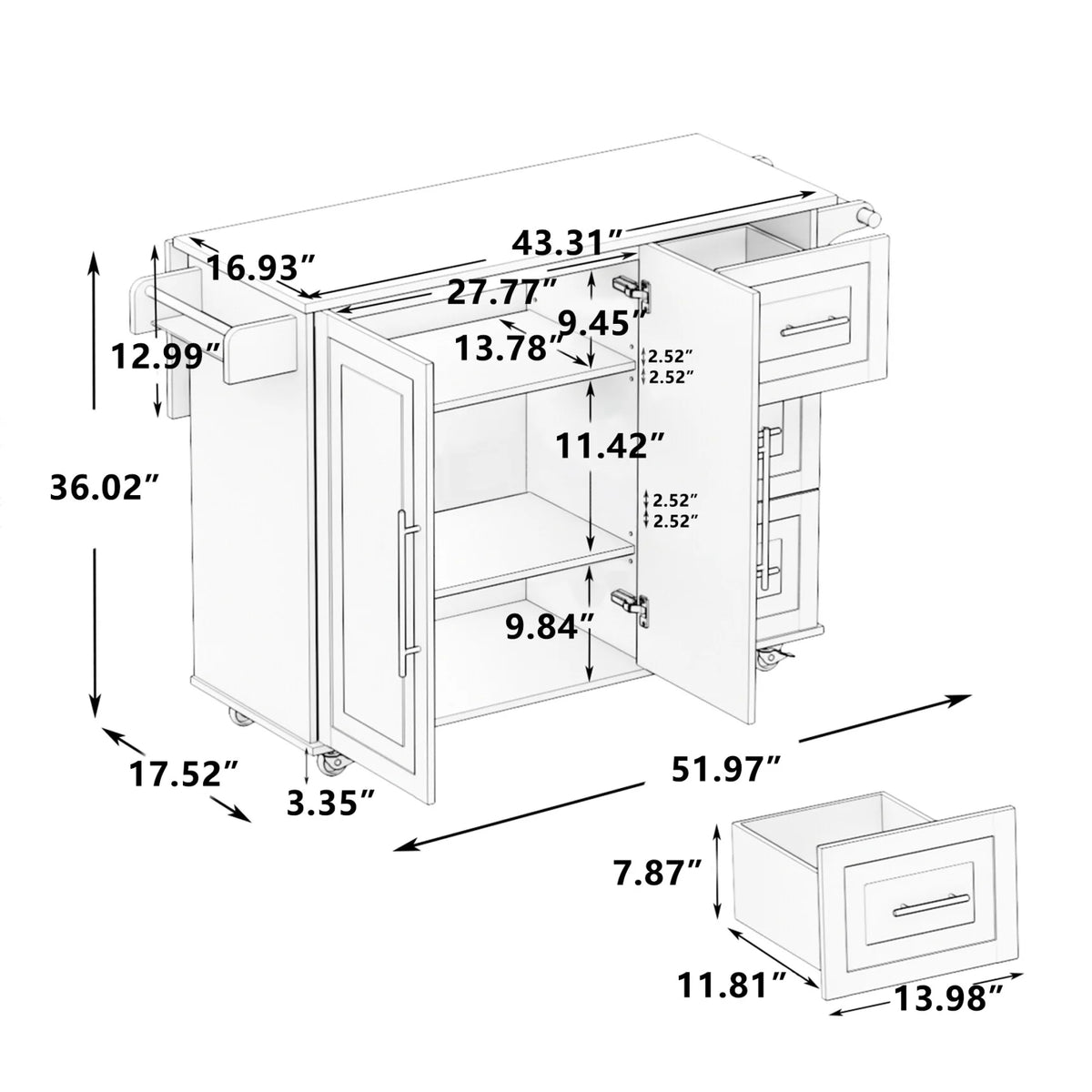 Movable Kitchen Island Cart with 2 Door Cabinet, 2 Drawers and Drop Leaf Top - Product image 18