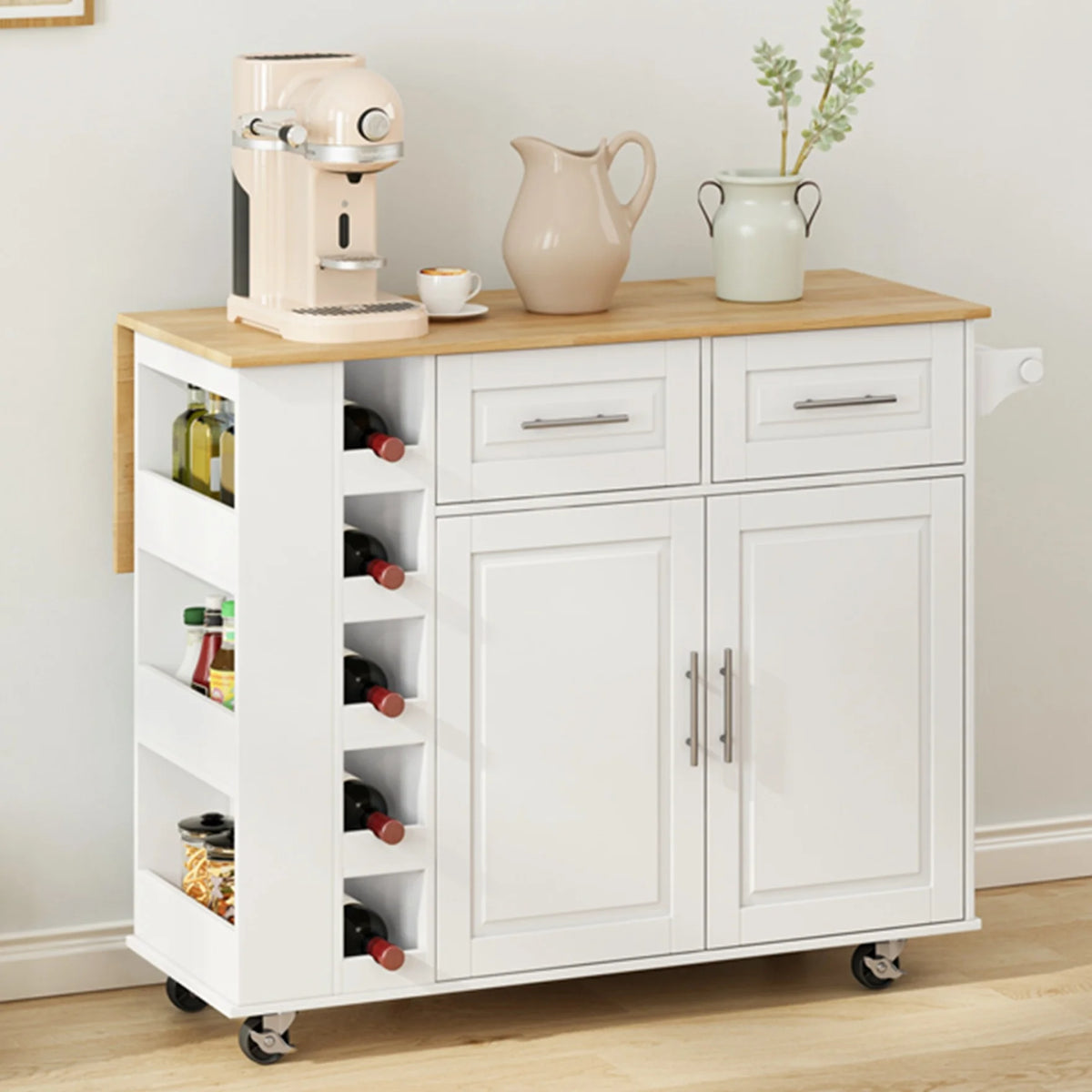 Movable Kitchen Island Cart with 2 Door Cabinet, 2 Drawers and Drop Leaf Top, Island Table with Spice Rack - Product image 2