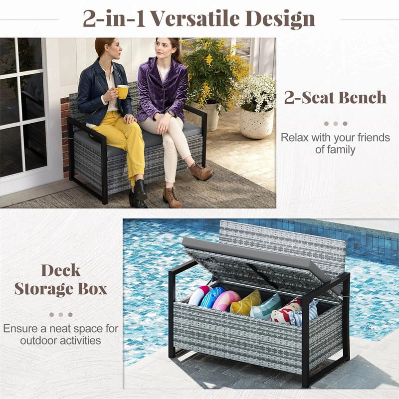 40 Gallon Outdoor Wicker Storage Bench with Cushion & Cover, Metal Frame Patio Deck Box Seat - Product image 25