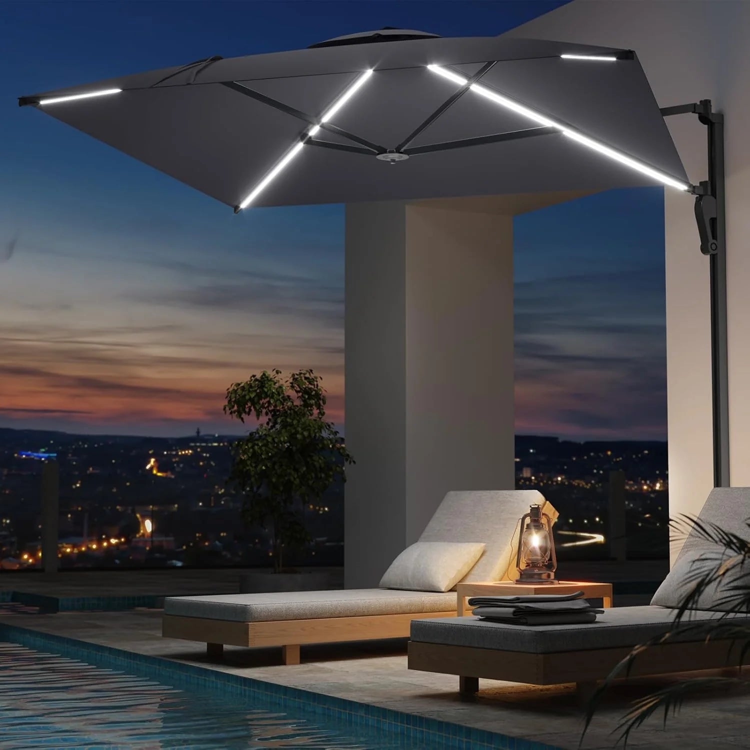 AECOJOY 10FT Large Patio Umbrella with Solar Lights, Rectangle Wall Mounted Outdoor Patio Umbrella, Grey - Product image 7
