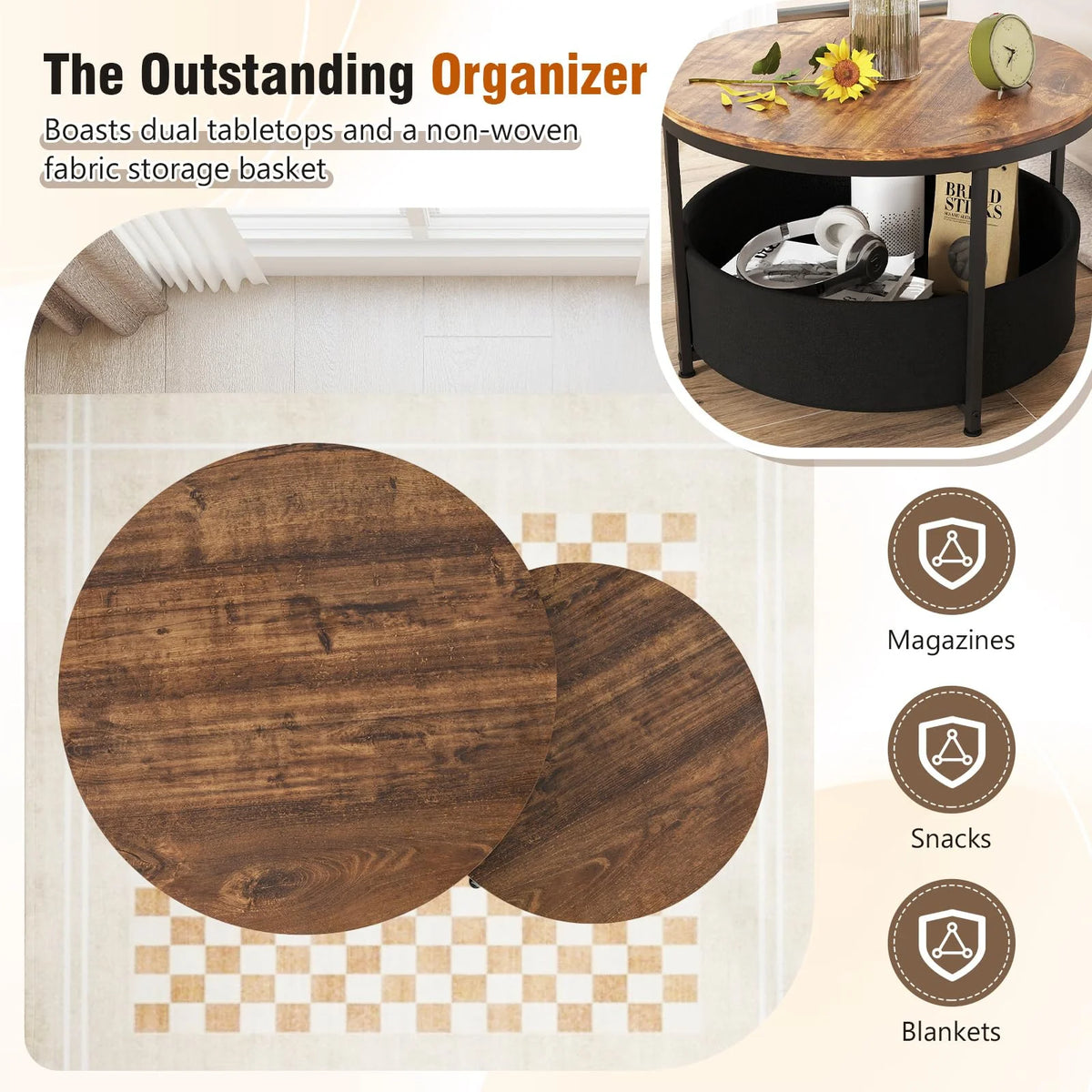 Tangkula Round Nesting Coffee Table Set of 2 with Fabric Storage Basket & Metal Frame - Product image 6