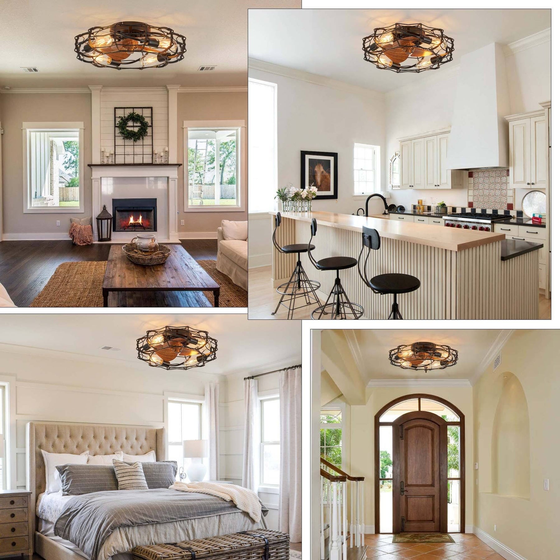 20 in. Modern Farmhouse Ceiling Fan Light with Remote 4-Light Black Cage Wood Grain Rustic Indoor Fandelier - Product image 1