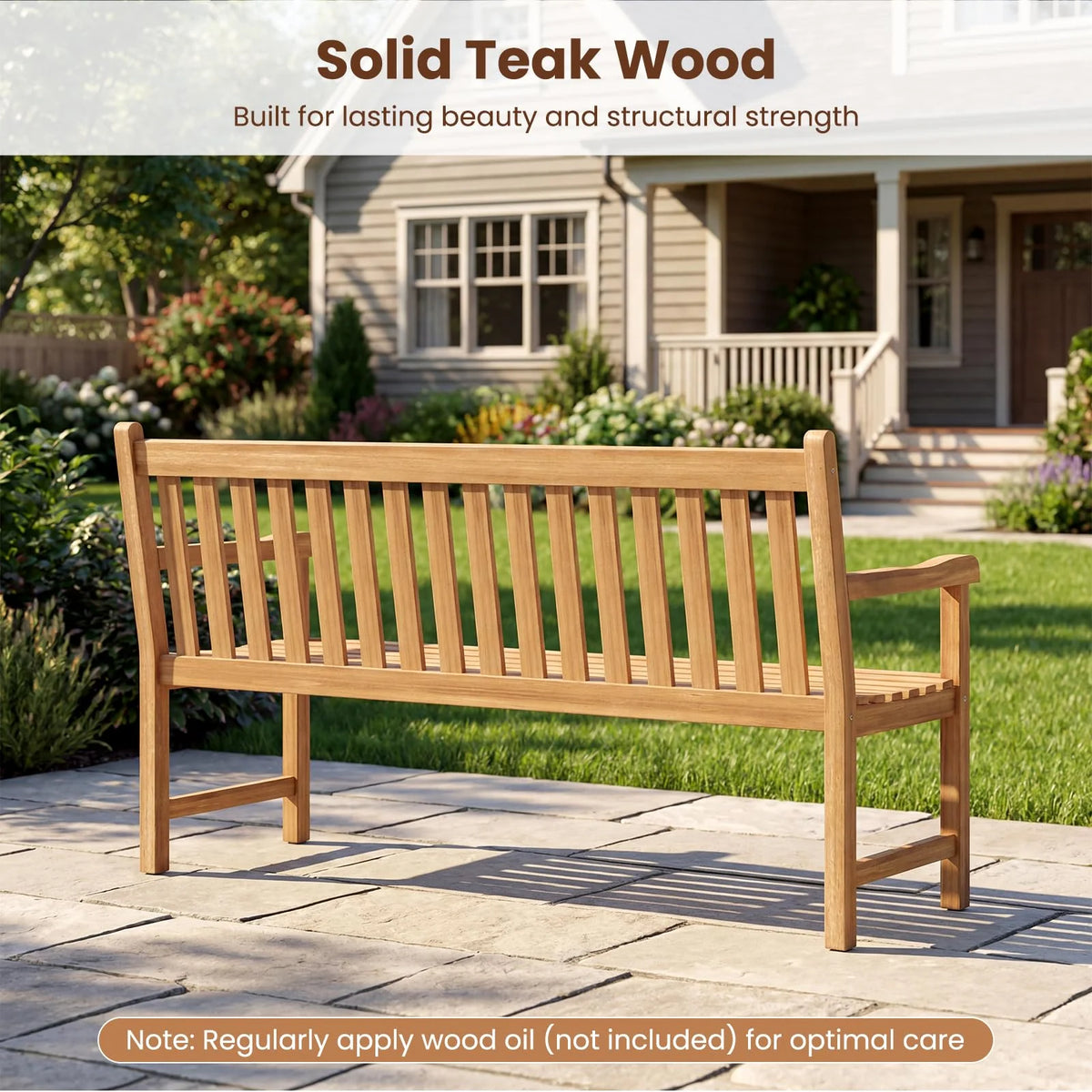 Tangkula 62" Teak Wood Outdoor Bench 3-Seat Solid Wood Garden Patio Bench - Product image 9
