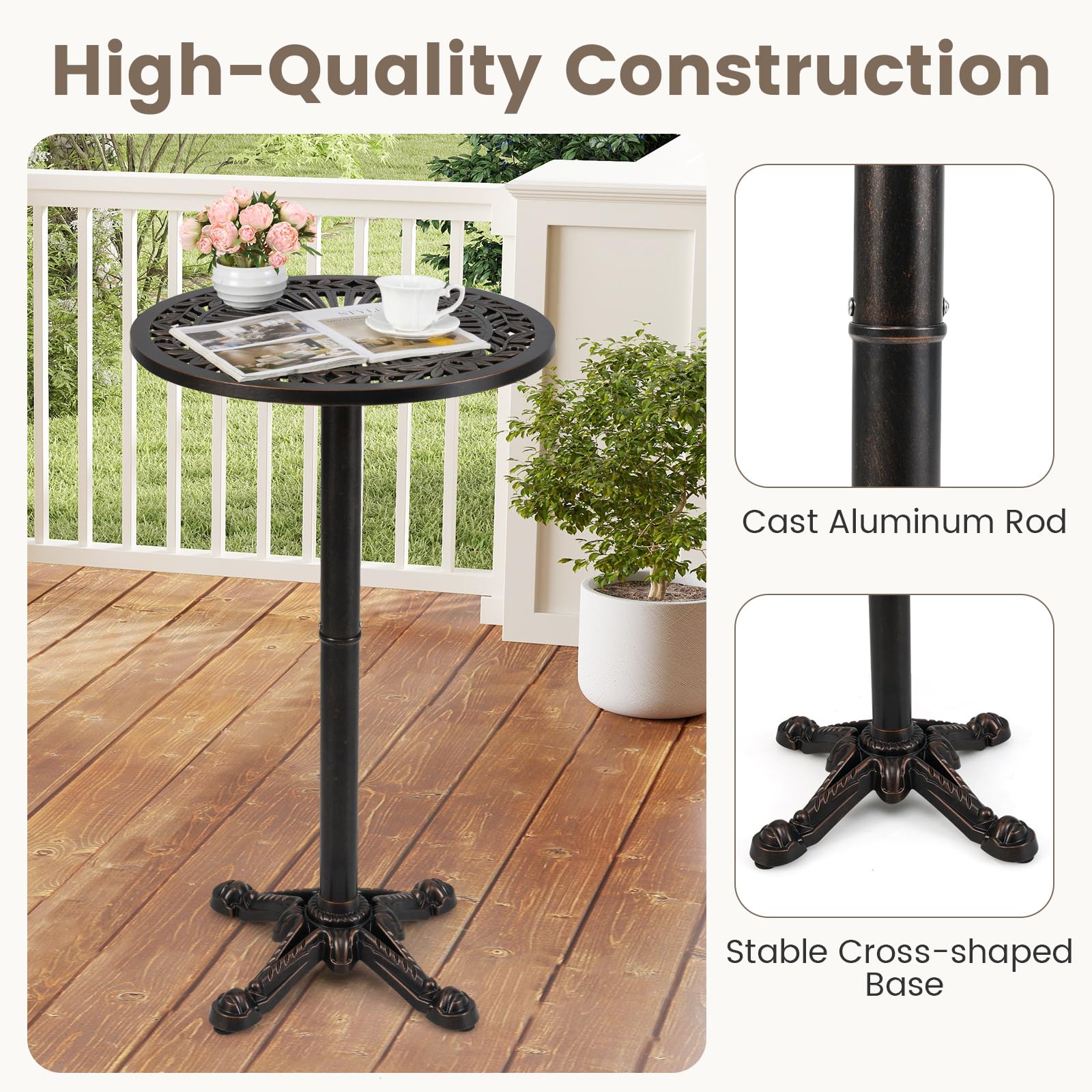 Tangkula 24" Outdoor Round Bar Table Cast Aluminum Heavy Duty Patio High Table with Stable Cross-Shaped Base