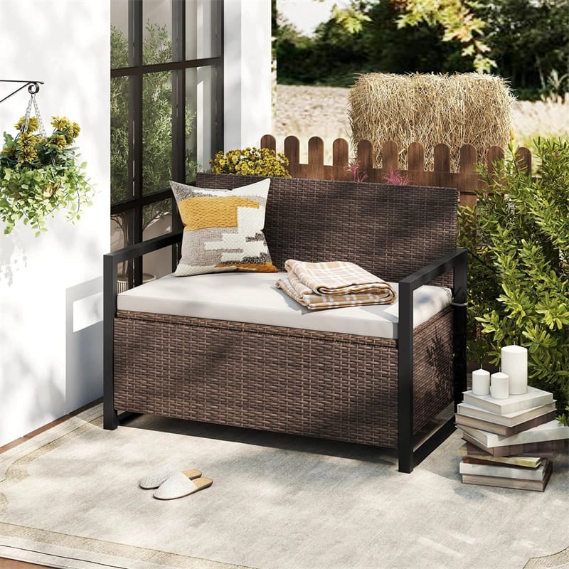 40 Gallon Outdoor Wicker Storage Bench with Cushion & Cover, Metal Frame Patio Deck Box Seat - Product image 3