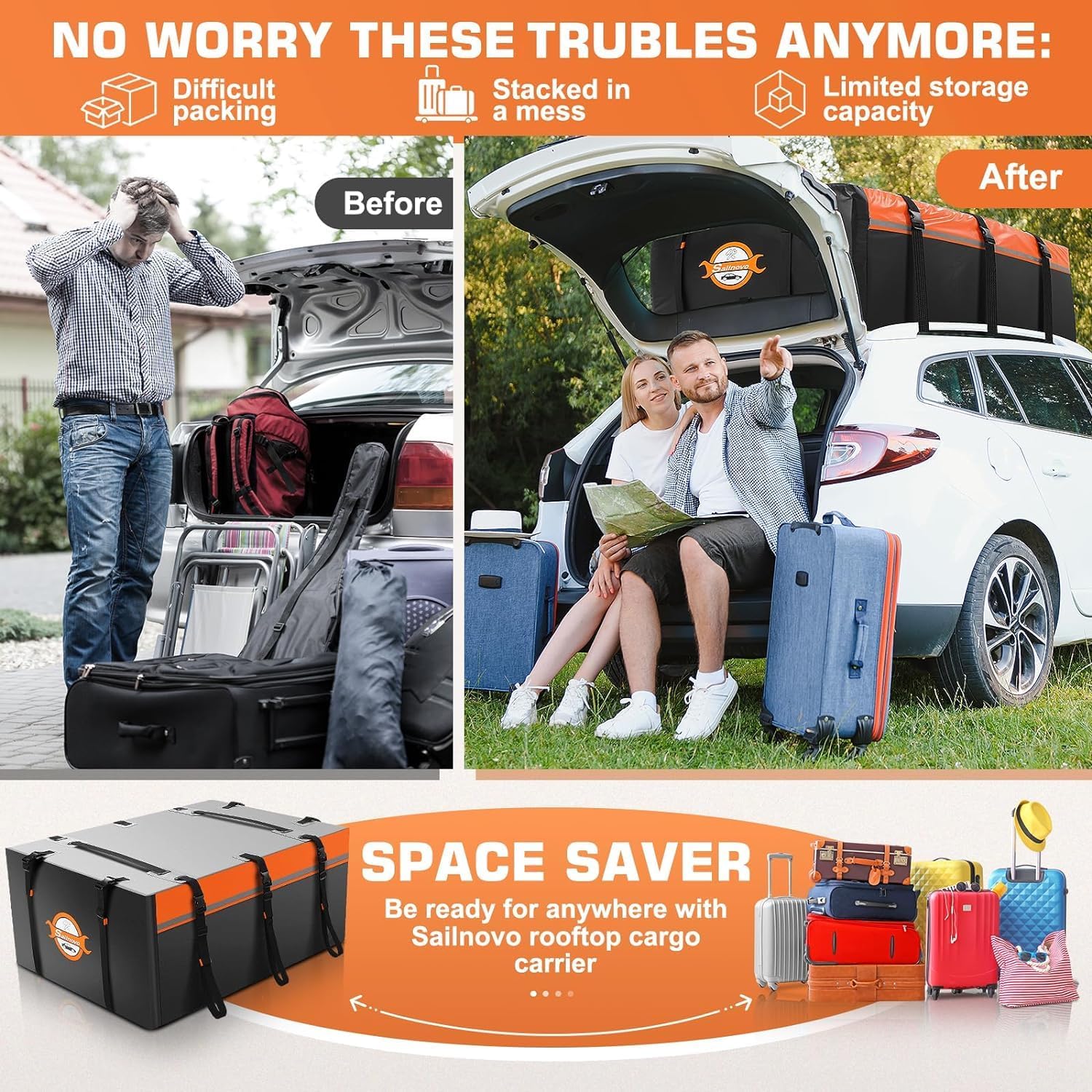Sailnovo 0.6m³ Soft Roof Box with Anti-Slip Mat + 6 Door Hooks, Waterproof PVC Car Roof Bag with/without Luggage Rack, Black