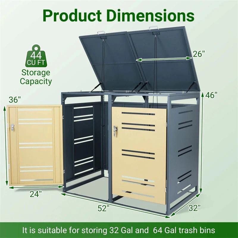 44 Cu.Ft Outdoor Metal Trash Can Storage Shed for 2 Bins, Double Garbage Can Enclosure with Gas Strut - Product image 5