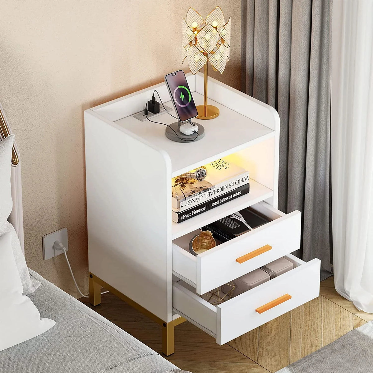 DEXTRUS Side Table with Charging Station, 3 - Drawer LED Light Bedside End Table Nightstand for Bedroom - Product image 7