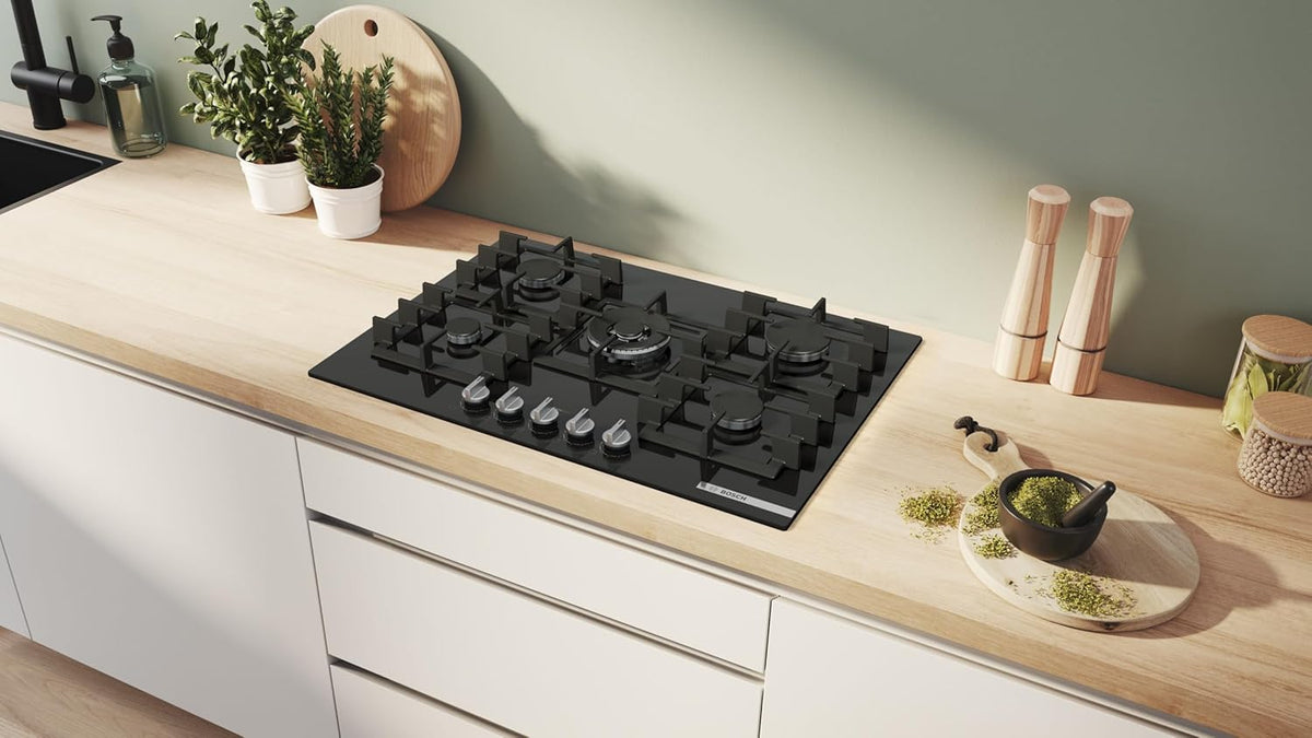 PPQ7A6I40, Series 6, Gas hob, 5 burners, 80 cm, Black tempered glass