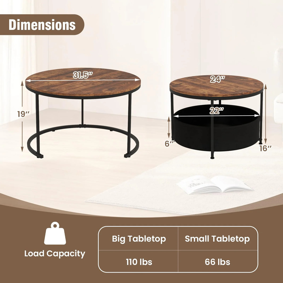 Tangkula Round Nesting Coffee Table Set of 2 with Fabric Storage Basket & Metal Frame - Product image 3