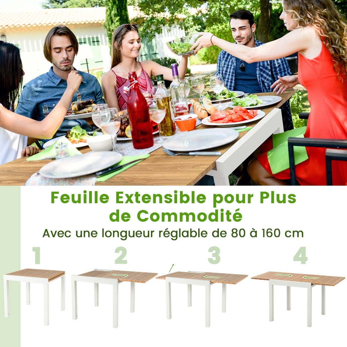 Extendable Aluminum Garden Table Adjustable from 80 to 160 CM Rectangular Dining Table for 4-6 People Grey/Natural -
