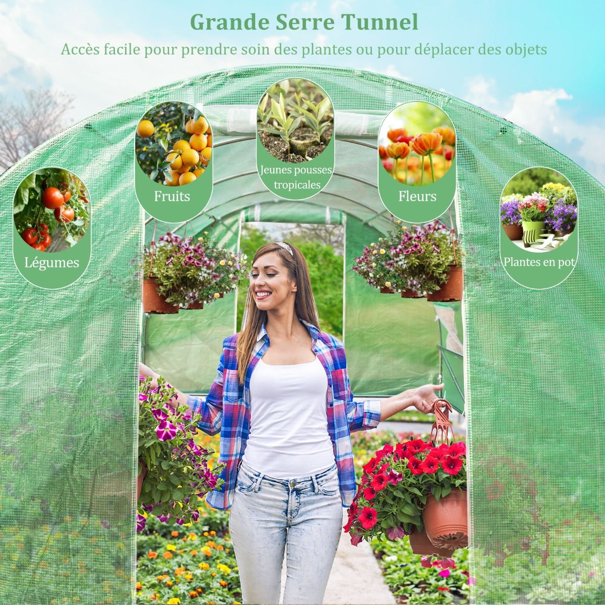 Tunnel Greenhouse Heavy Duty Galvanized Steel Frame Windproof Tunnel Greenhouse with Hoop 8 Roll Up Windows Green -